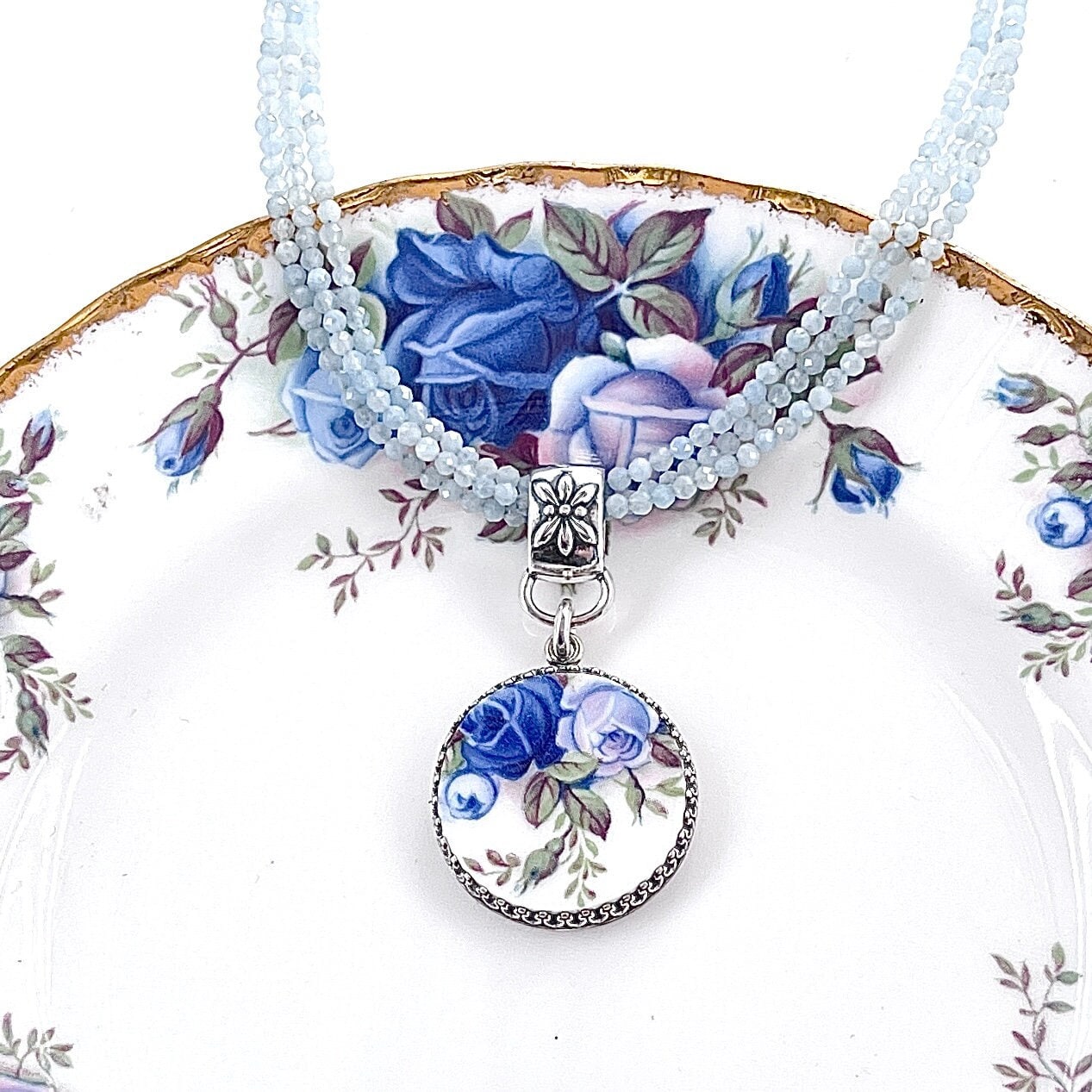 Aquamarine Blue Rose China Necklace, 20th Anniversary Gifts for Wife, Royal Albert Moonlight Rose Broken China Jewelry, Repurposed Jewelry