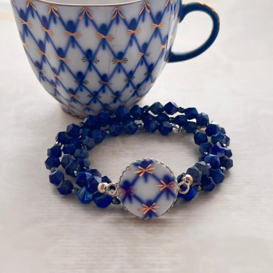 Lomonosov Cobalt Net Porcelain, Broken China Jewelry, Unique 20th Anniversary Gift for Wife, Wrap Bracelet