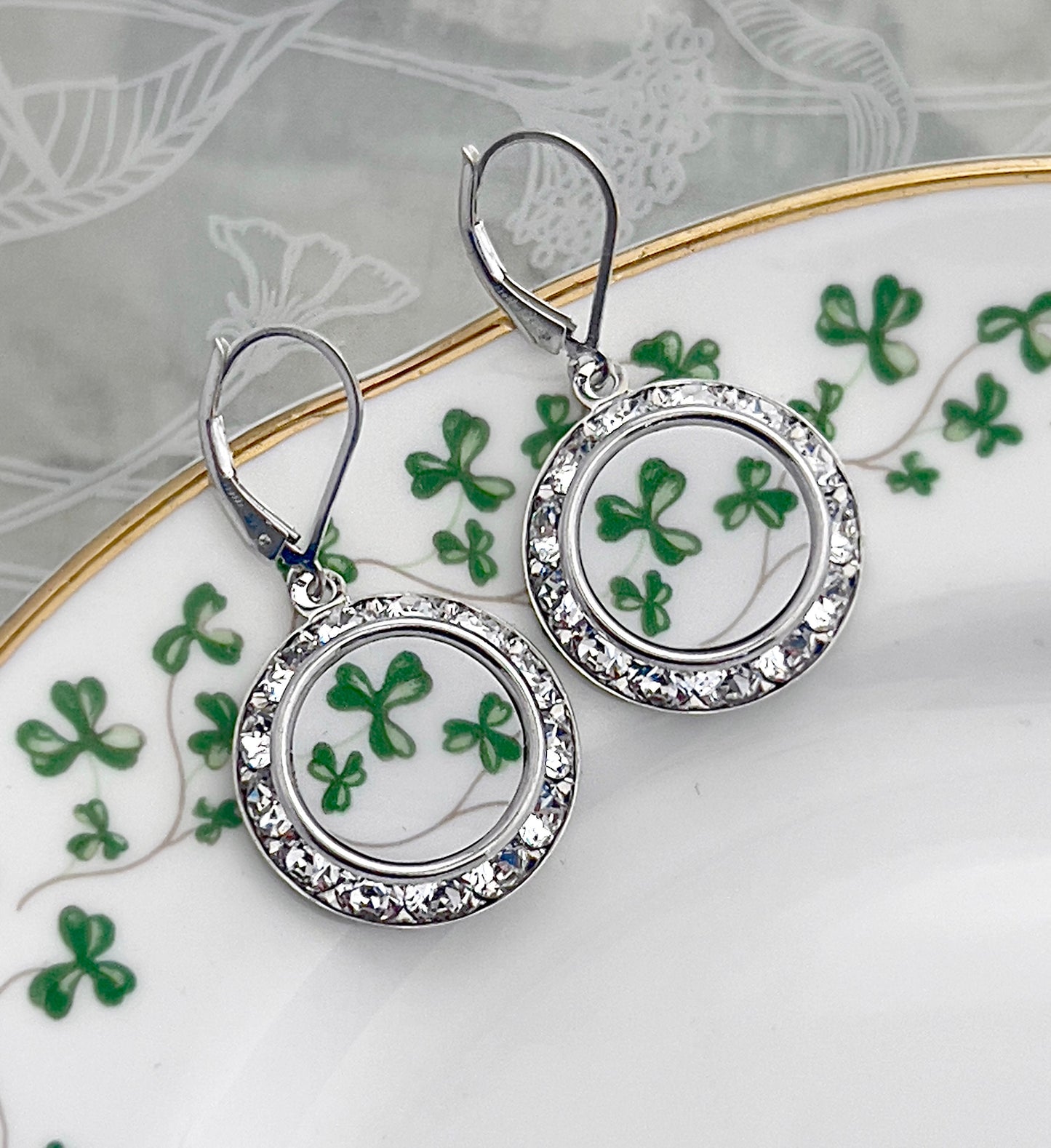 Irish Royal Tara China Crystal Earrings, Shamrock Broken China Jewelry, Celtic Jewelry Gifts for Women