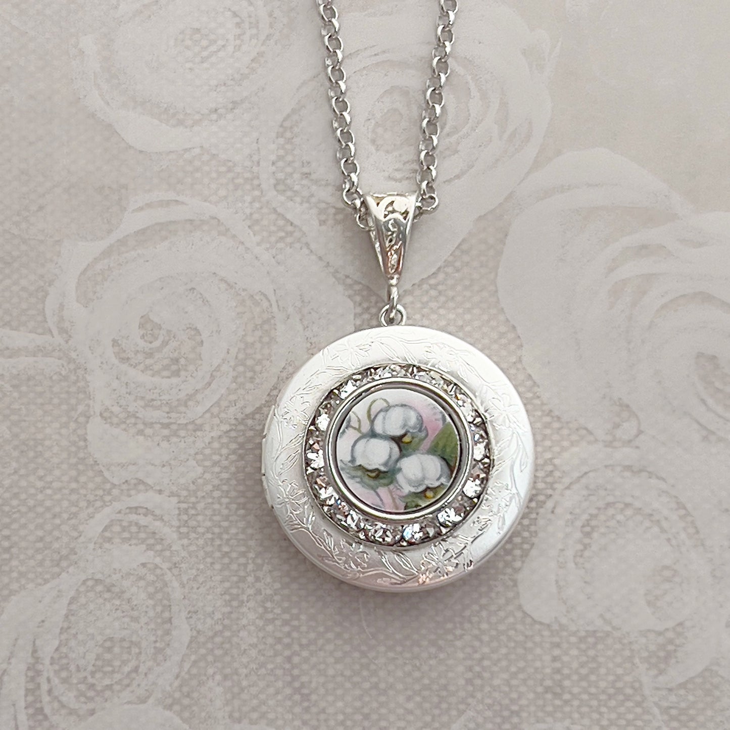 Lily of the Valley Photo Locket Necklace, Broken China Jewelry, Unique Anniversary Gifts for Wife, Vintage China, Gifts for Women