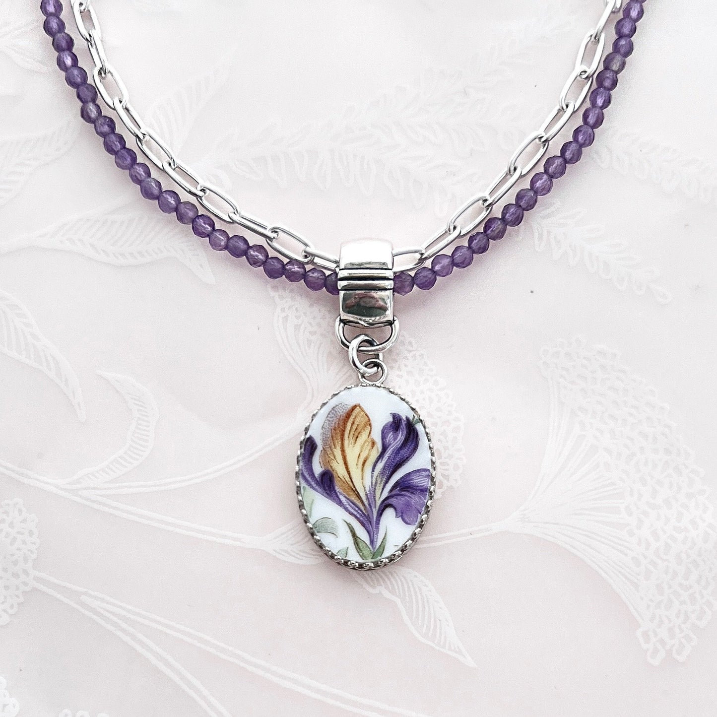 Purple Iris Flower Broken China Jewelry, 20th Anniversary Gift for Wife, Tennessee Flower, Amethyst, Unique Gifts for Women