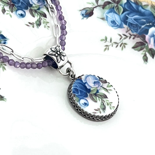 Royal Albert Moonlight Rose China Necklace, Amethyst Broken China Jewelry, Cottage Core, Unique Anniversary Gift for Women