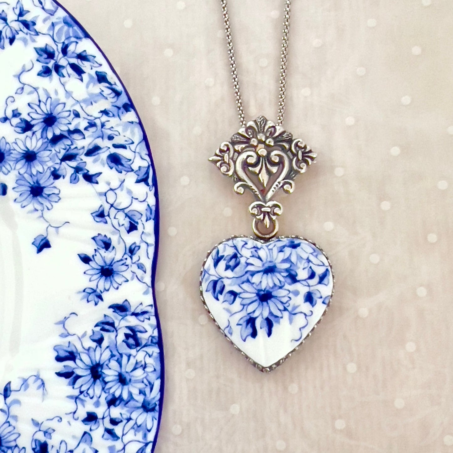 Romantic Heart Pendant Necklace or Brooch, Shelley Dainty Blue Broken China Jewelry