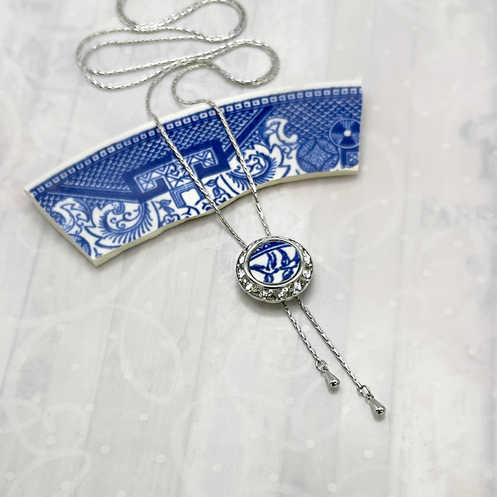 Adjustable Blue Willow Lariat Necklace, Broken China Jewelry Love Birds, Unique Anniversary Gifts