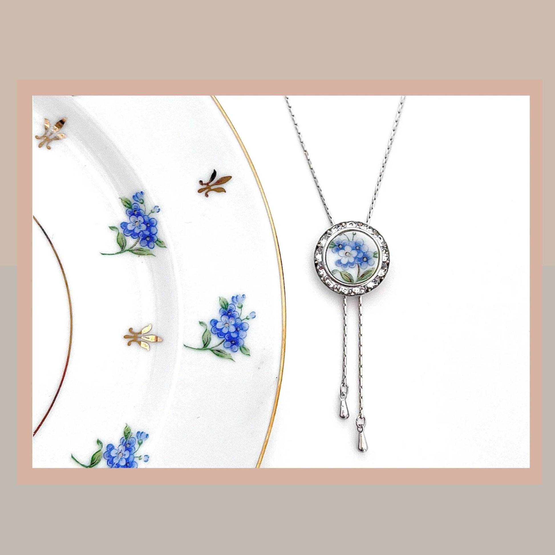 Adjustable Forget Me Not Necklace, Broken China Jewelry Lariat, Long Crystal Necklace, Unique Birthday Gifts for Her