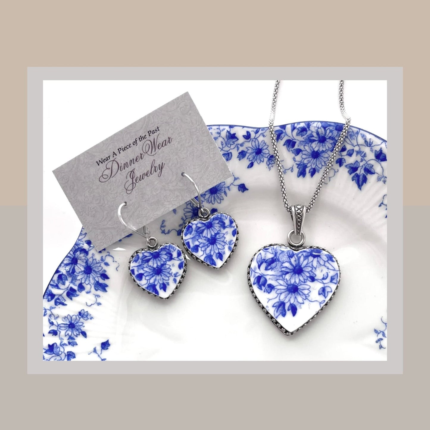 20th Anniversary Gift for Wife, Blue and White Broken China Jewelry Set, Heart Earrings, Jewelry Gift