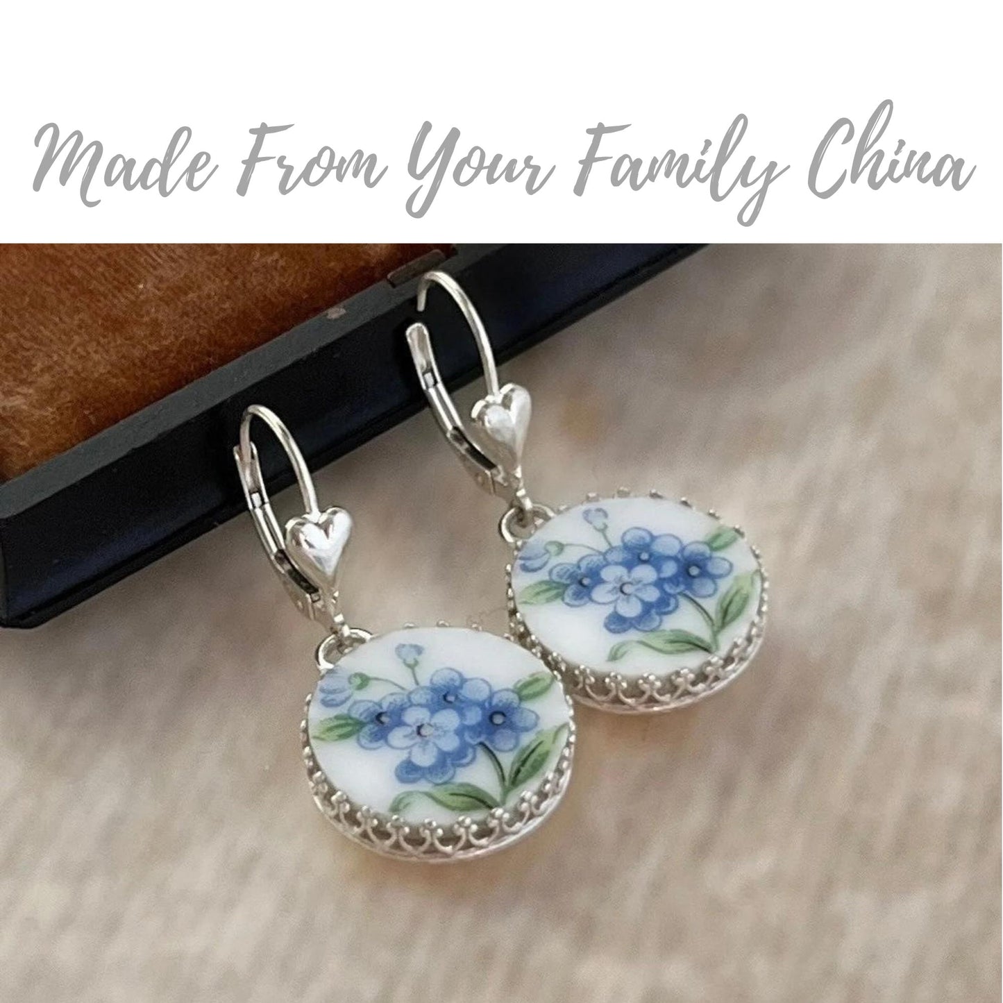 CUSTOM ORDER Silver Dainty Heart China Earrings, Custom Broken China Jewelry, Family Jewelry, Gift for Wife, Mom Gift, Made From Your China