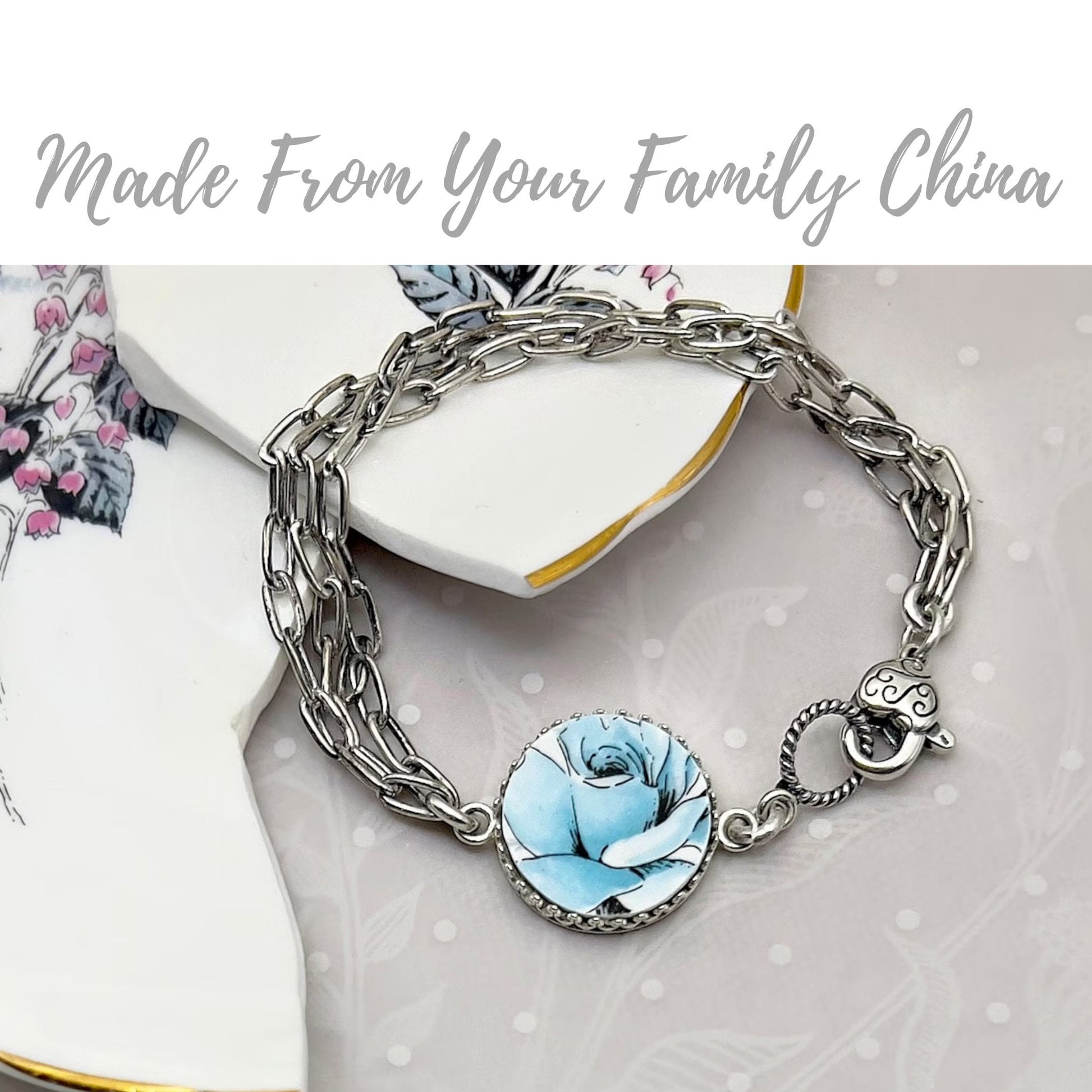 CUSTOM ORDER Silver Chain Lobster Claw China Bracelet, Memorial Broken China Jewelry, Mom Gift, Custom Family Jewelry, Made From Your China