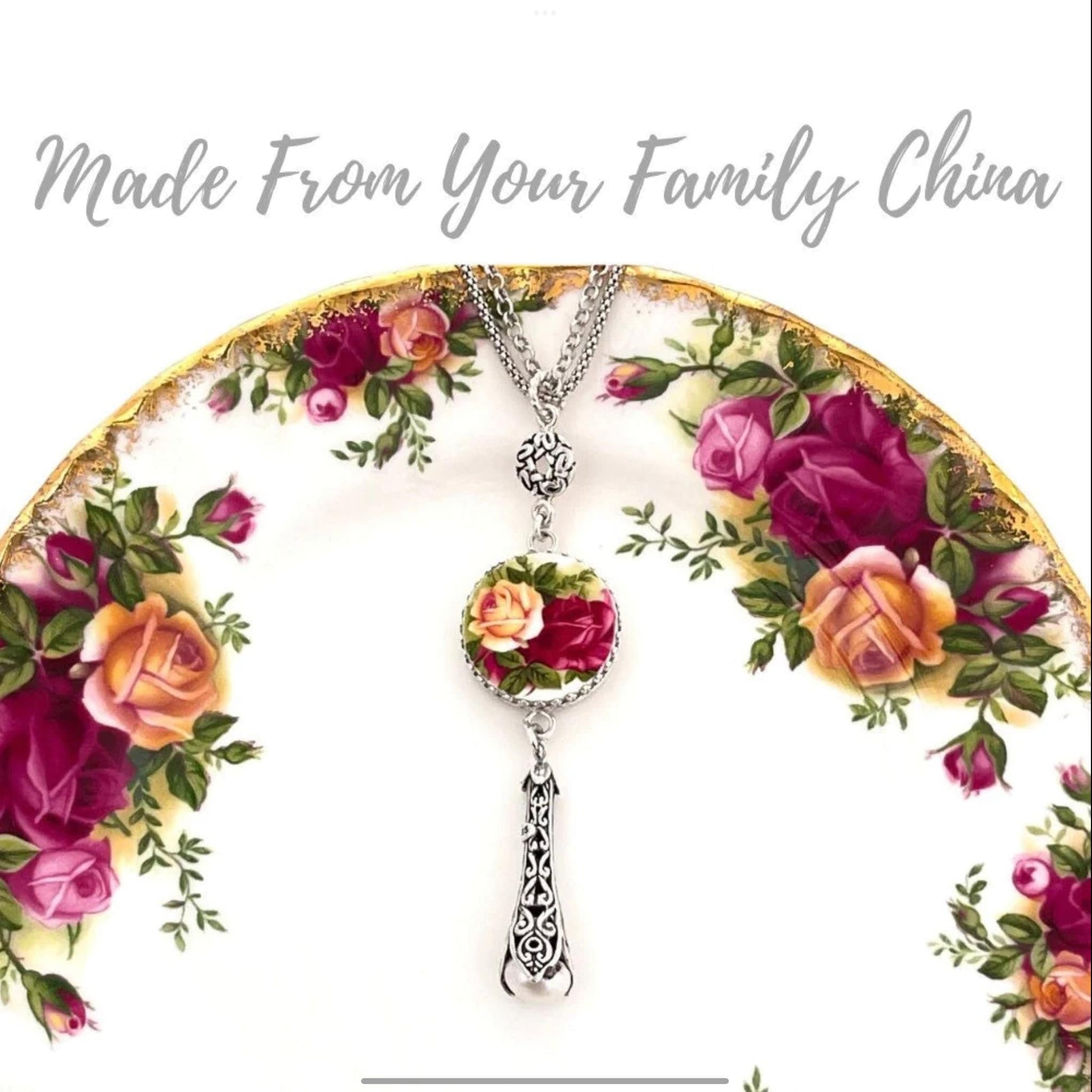 CUSTOM ORDER Pearl Drop Double Chain China Necklace, Custom Broken China Jewelry, Family Jewelry, Memorial Jewelry, Gifts for Women