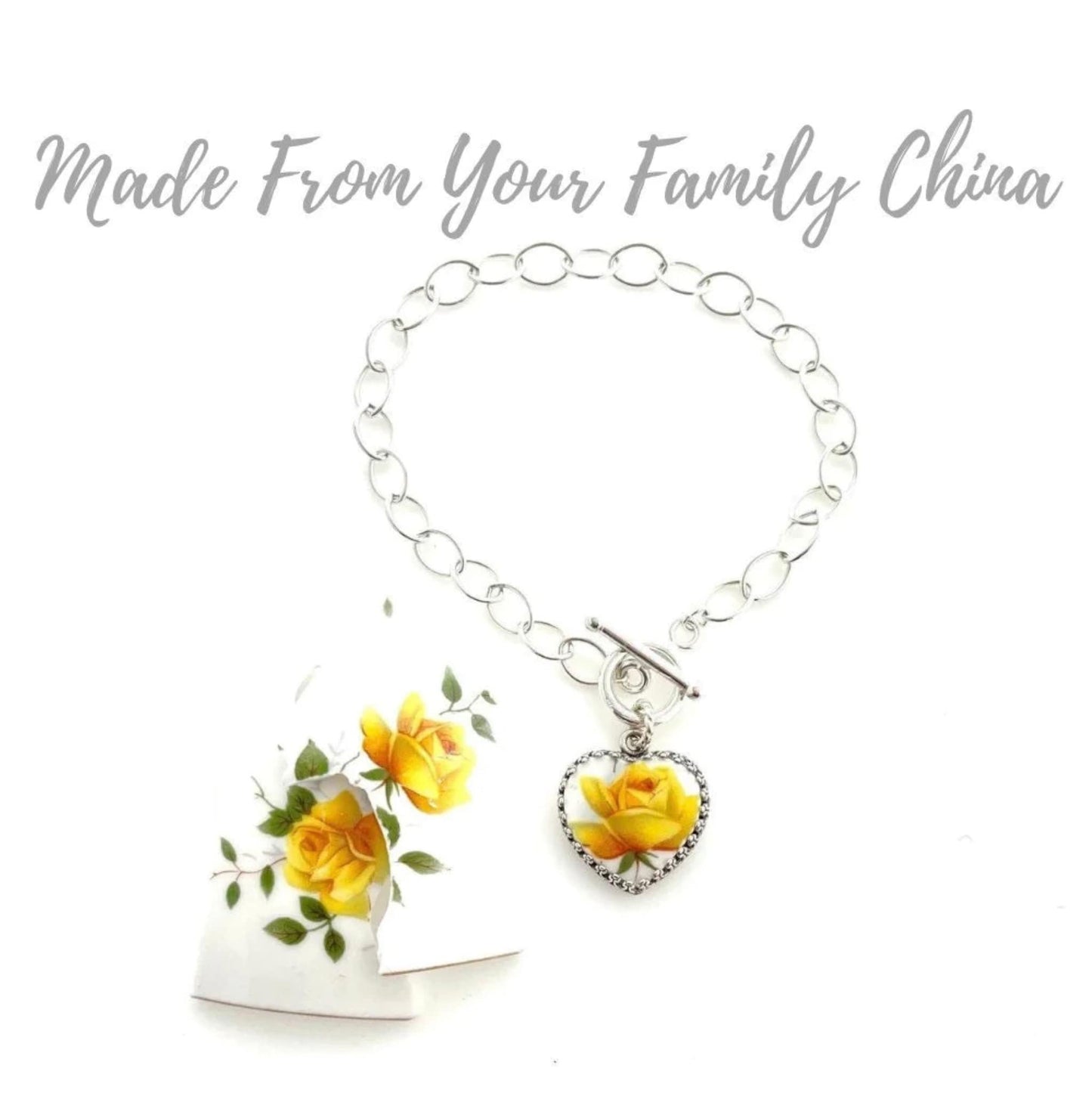 CUSTOM ORDER Toggle Silver Link China Charm Bracelet, Custom Memorial Broken China Jewelry, Mom Gift, Family Jewelry, Made From Your China