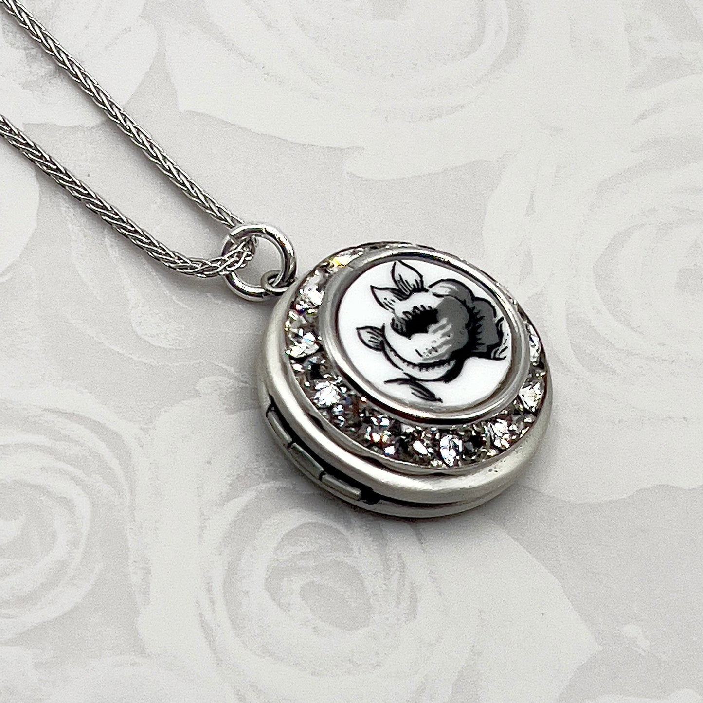 Black Rose Photo Locket Necklace Gift for Girlfriend, Anniversary Gifts for Her, Broken China Jewelry
