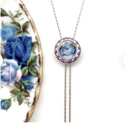 Moonlight Rose Bolo Tie for Women, Royal Albert Broken China Jewelry, Crystal Slide Lariat Necklace, Unique Gift for Women, Graduation Gifts