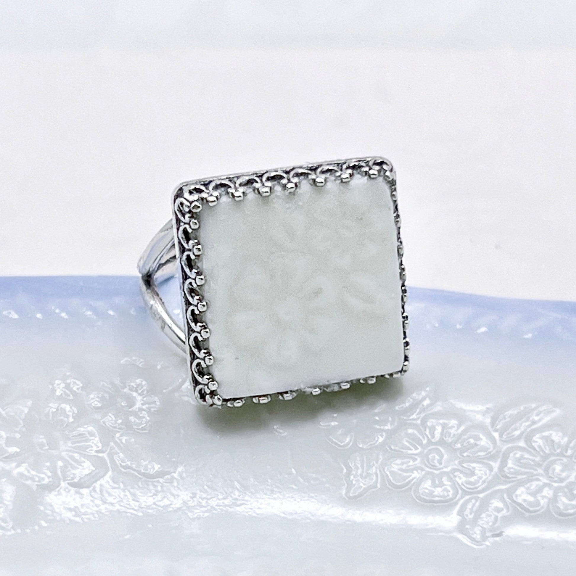 Depression Glass Jewelry, Vintage Fire King Alice, White Milk Glass, Sterling Silver, Adjustable Ring, Unique Gifts for Women