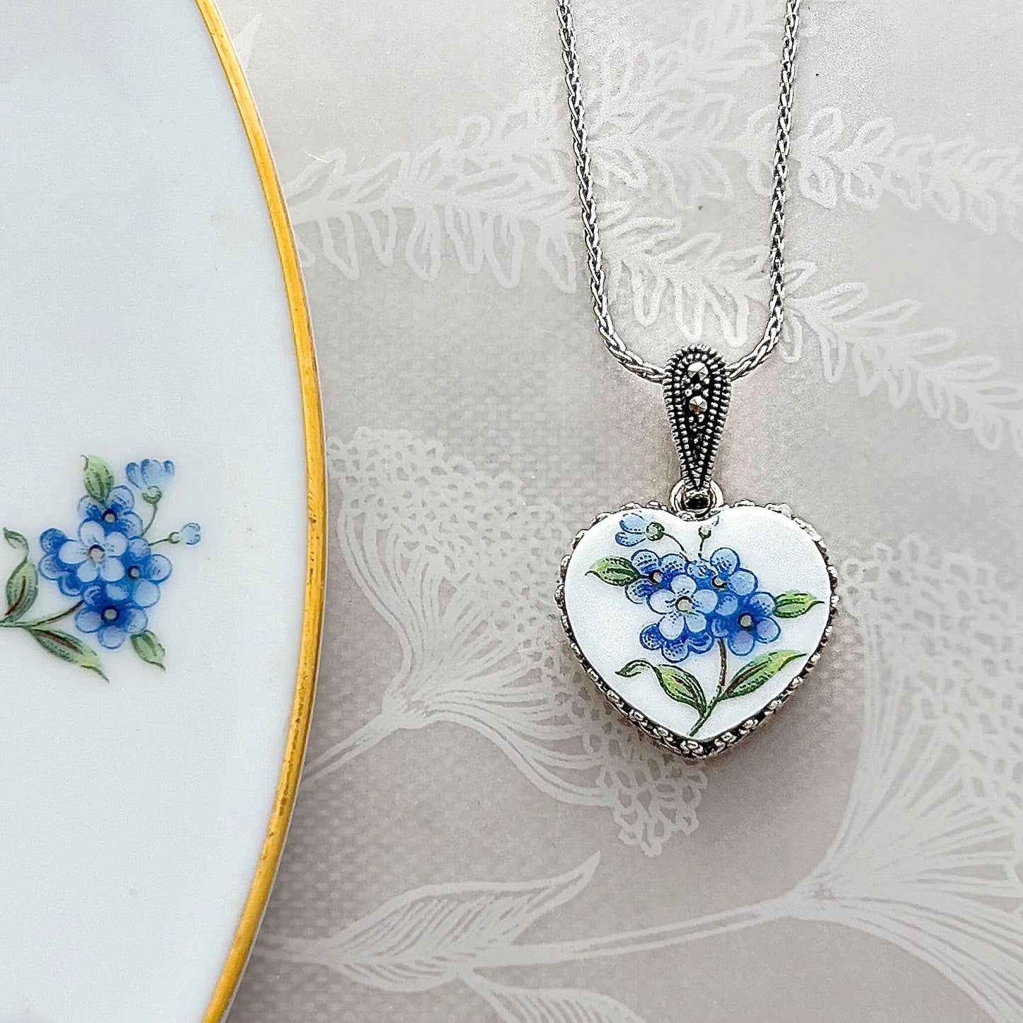 18th Anniversary Porcelain Gift for Wife, Forget Me Not Necklace, Broken China Jewelry, Marcasite Stones