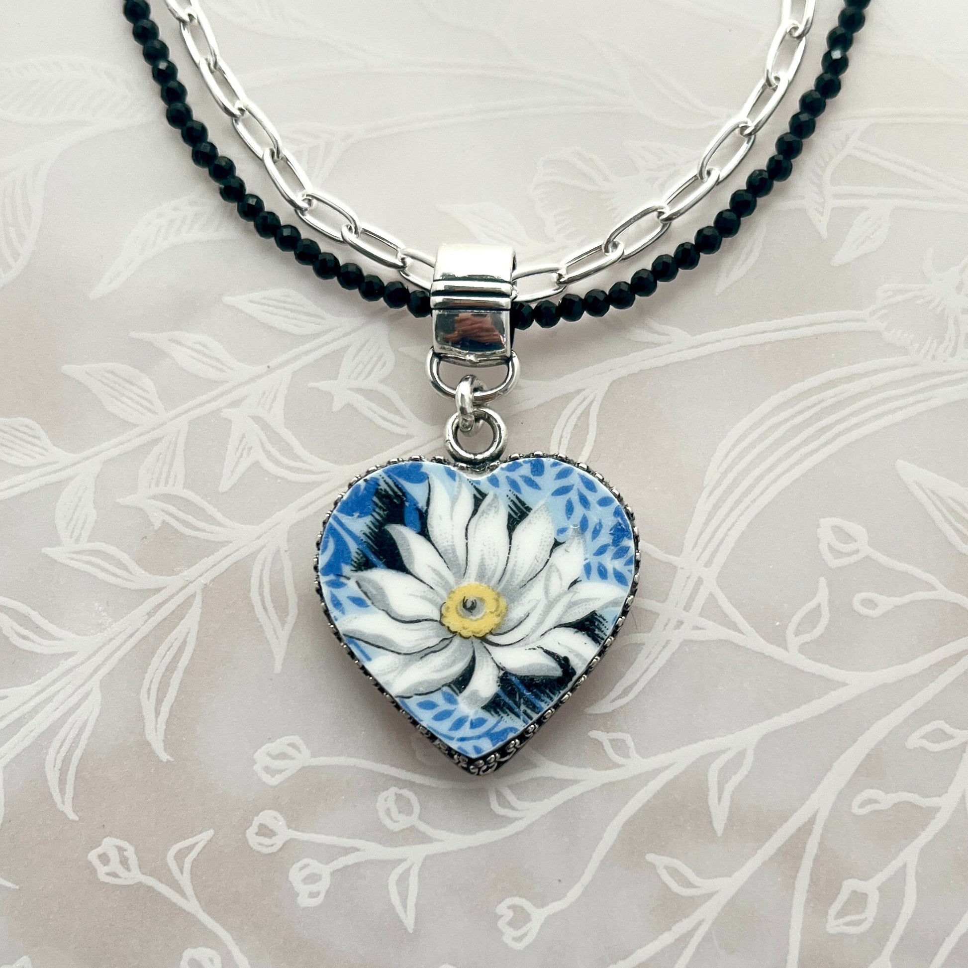 Daisy Broken China Jewelry, 20th Anniversary Gift for Wife, Romantic Heart Necklace