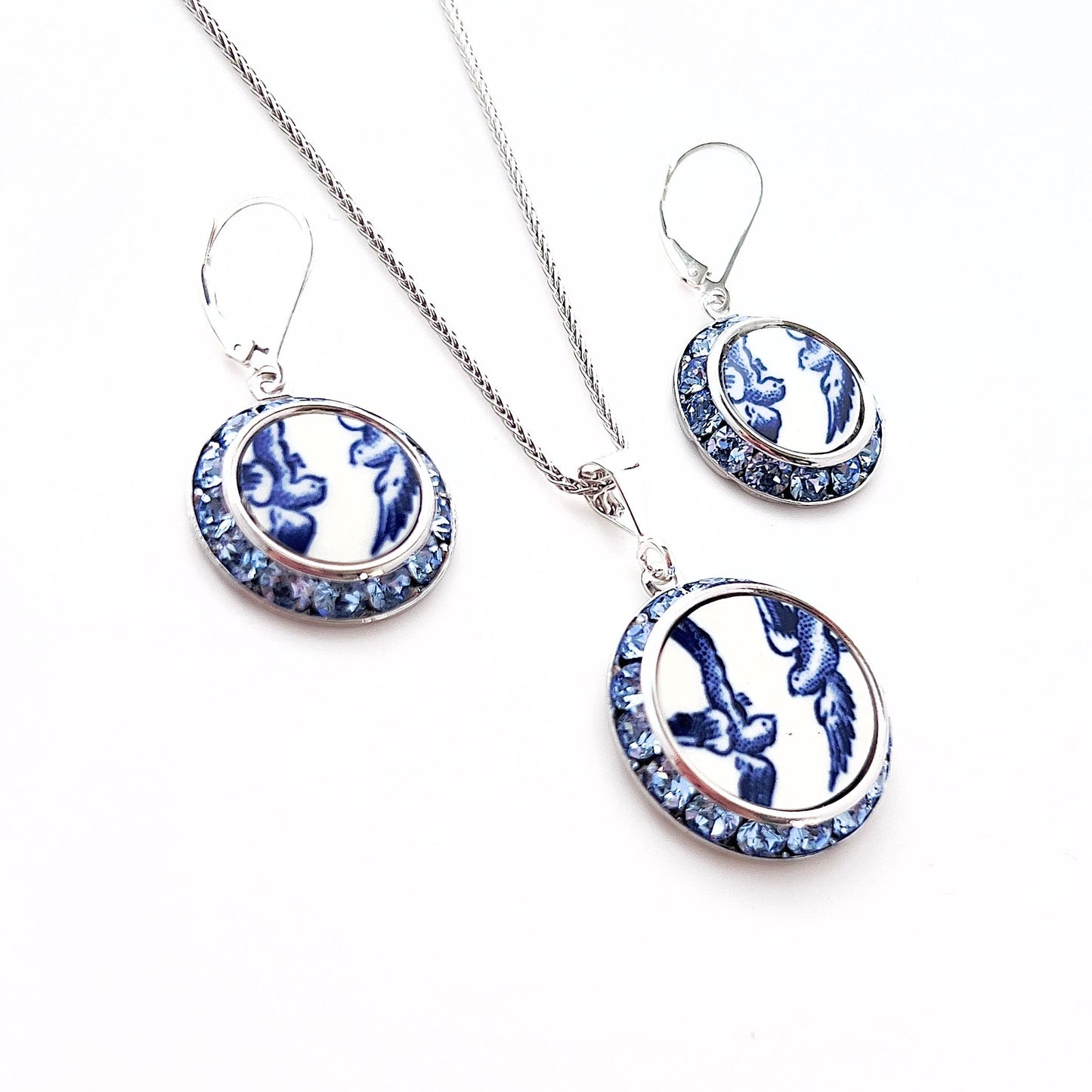 Love Birds Broken China Jewelry Set, Romantic 20th Anniversary Gift for Wife, Vintage Blue Willow Ware China