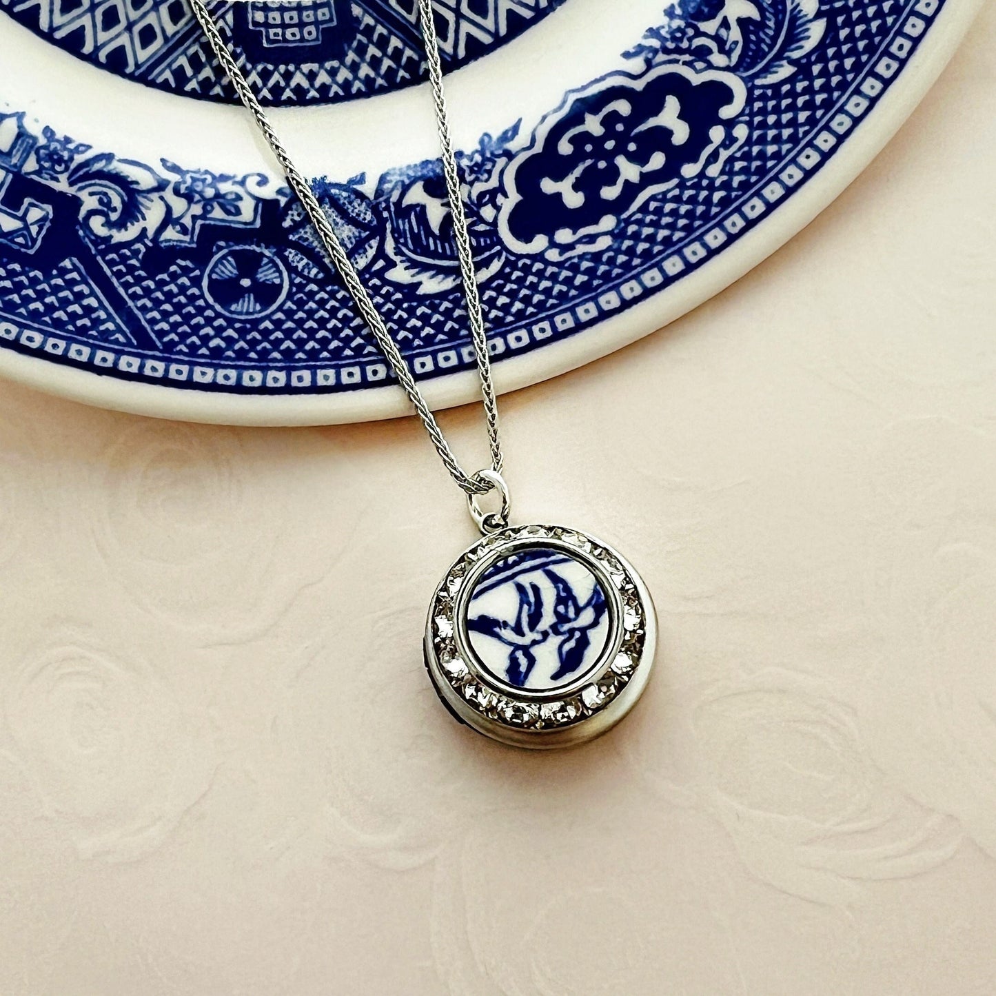 Blue Willow Love Birds Locket Necklace, Anniversary Gifts for Her, Photo Locket, Broken China Jewelry