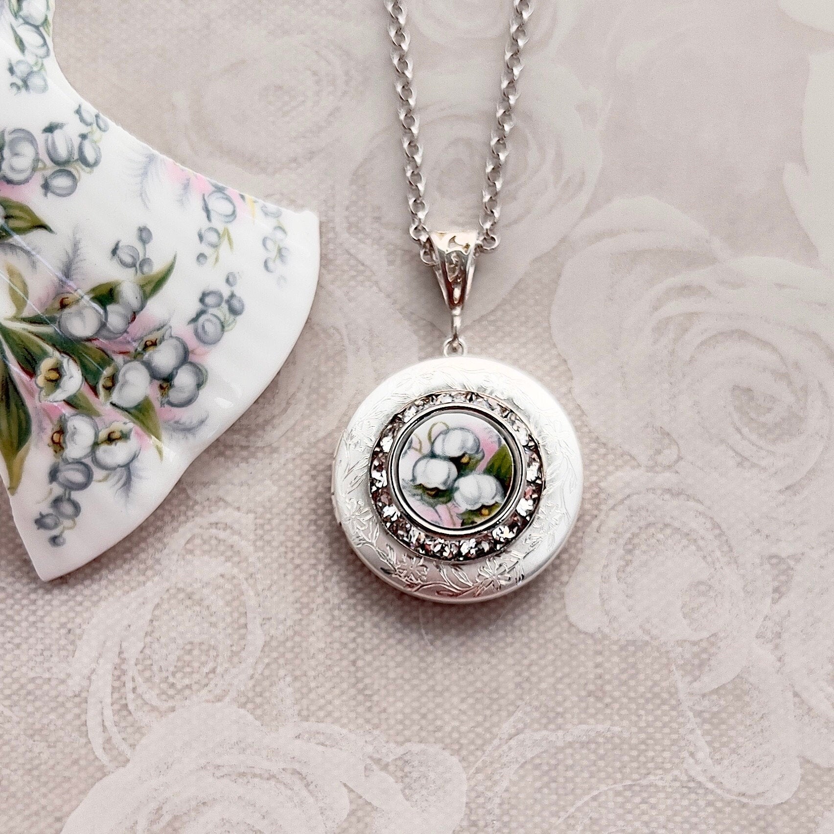 Lily of the Valley Photo Locket Necklace, Broken China Jewelry, Unique Anniversary Gifts for Wife, Vintage China, Gifts for Women