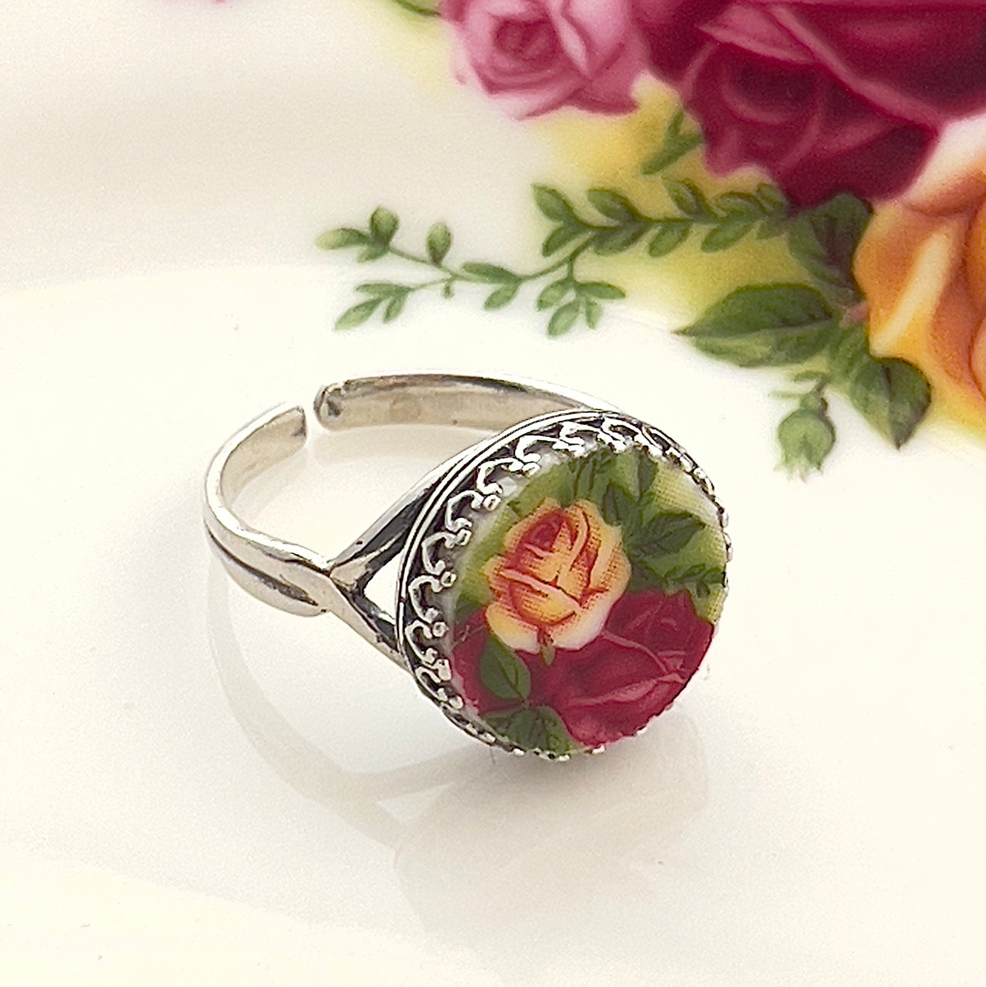 Love and Friendship Ring, Royal Albert Broken China Jewelry, Yellow and Red Rose Anniversary Gift for Her