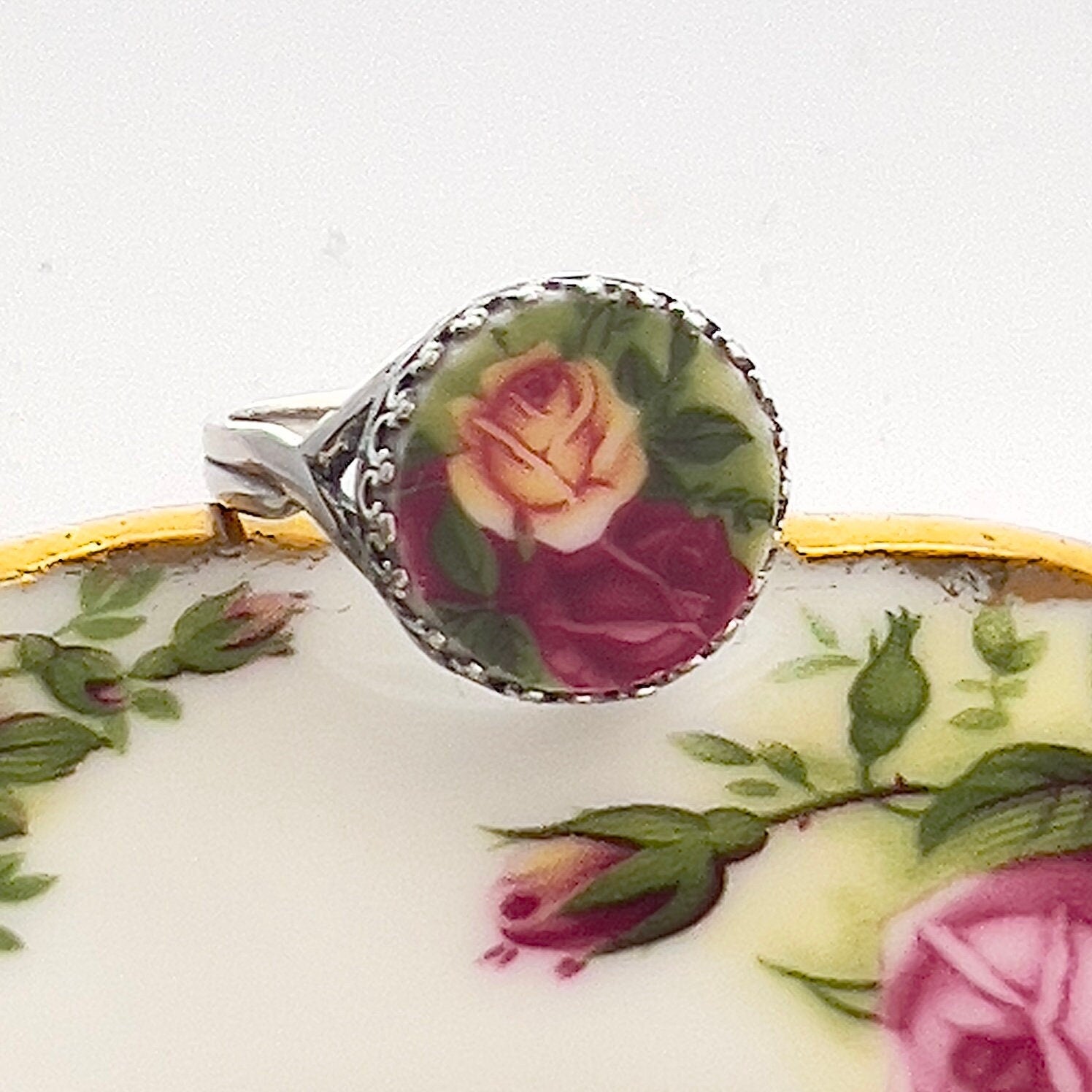 Love and Friendship Ring, Royal Albert Broken China Jewelry, Yellow and Red Rose Anniversary Gift for Her