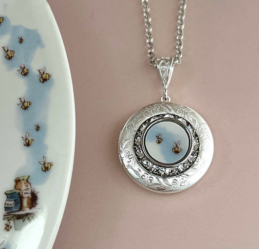 Honey Bee Locket Necklace, Broken China Jewelry Photo Locket, Unique Gifts for Her, Vintage China