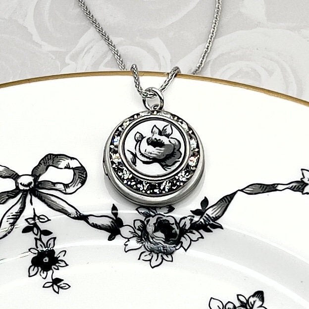 Black Rose Photo Locket Necklace Gift for Girlfriend, Anniversary Gifts for Her, Broken China Jewelry