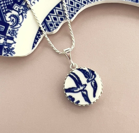 Love Birds Vintage Blue Willow Ware China Necklace Broken China Jewelry 20th Anniversary Gift for Wife Sterling Silver Jewelry Gifts