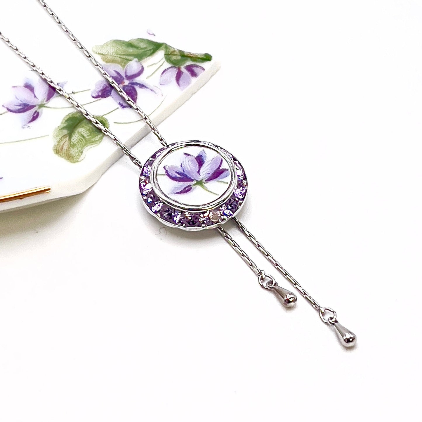 Adjustable Violet Lariat Necklace, Broken China Jewelry, Crystal Bolo Tie, Purple Flower Slide Necklace, Unique Gifts for Women