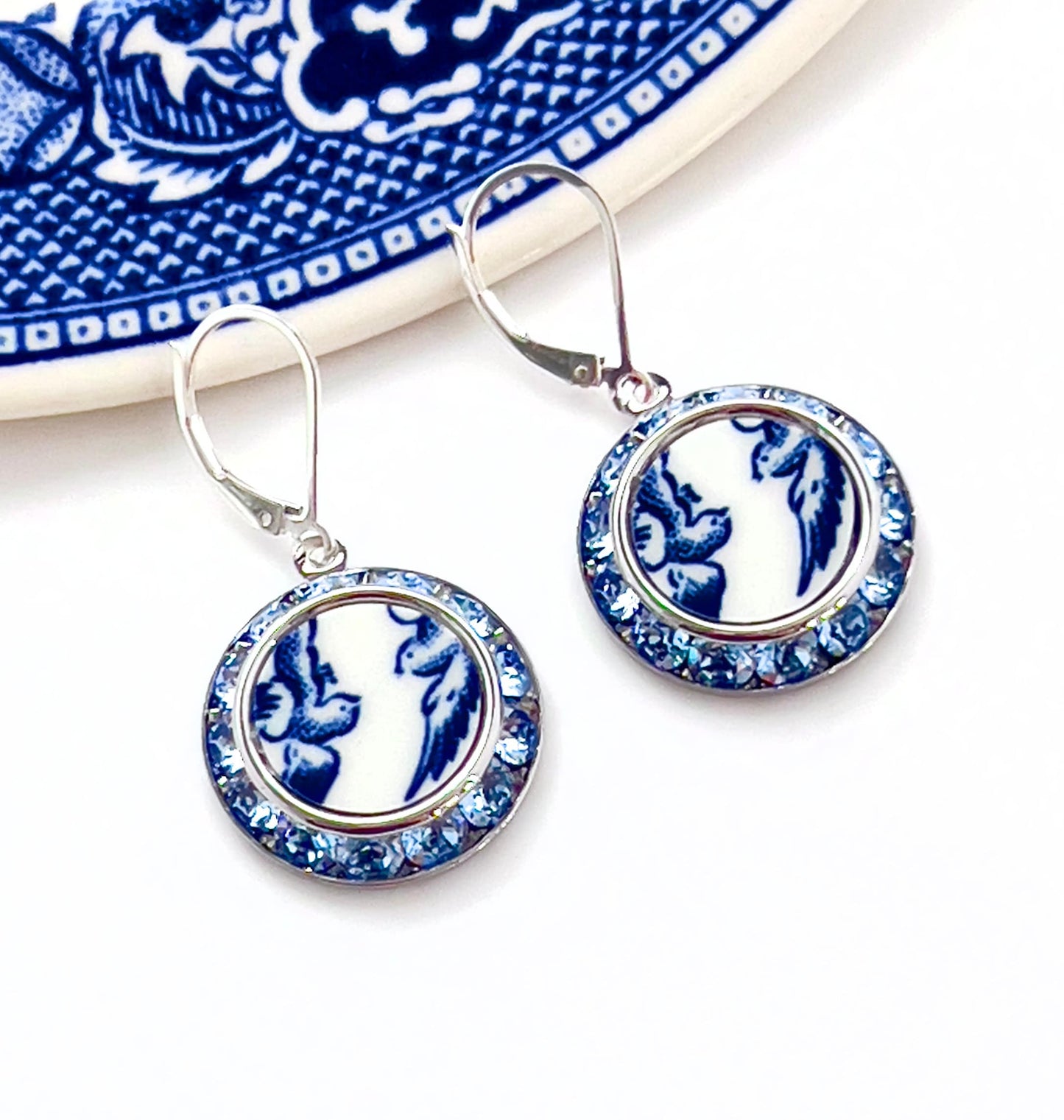 Love Birds Broken China Jewelry Set, Romantic 20th Anniversary Gift for Wife, Vintage Blue Willow Ware China