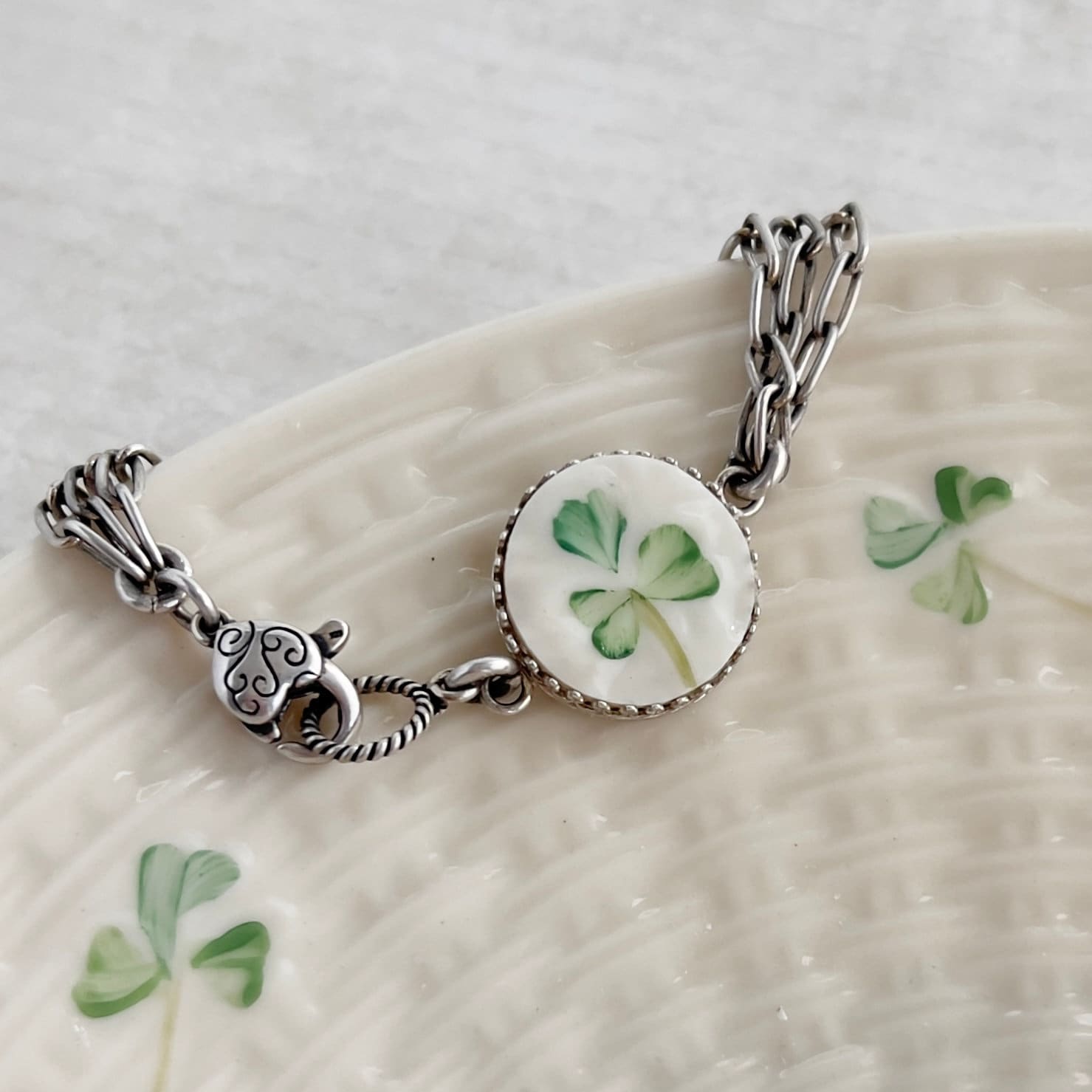 Sterling Silver Chain Bracelet, Vintage Irish Belleek Broken China Jewelry, Unique Anniversary Gifts for Women
