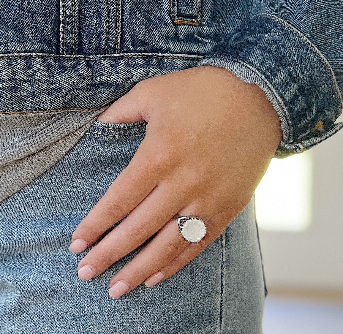 Vintage White Milk Glass Button Ring, Button Jewelry, Unique Gifts for Women, Sterling Silver Adjustable Ring