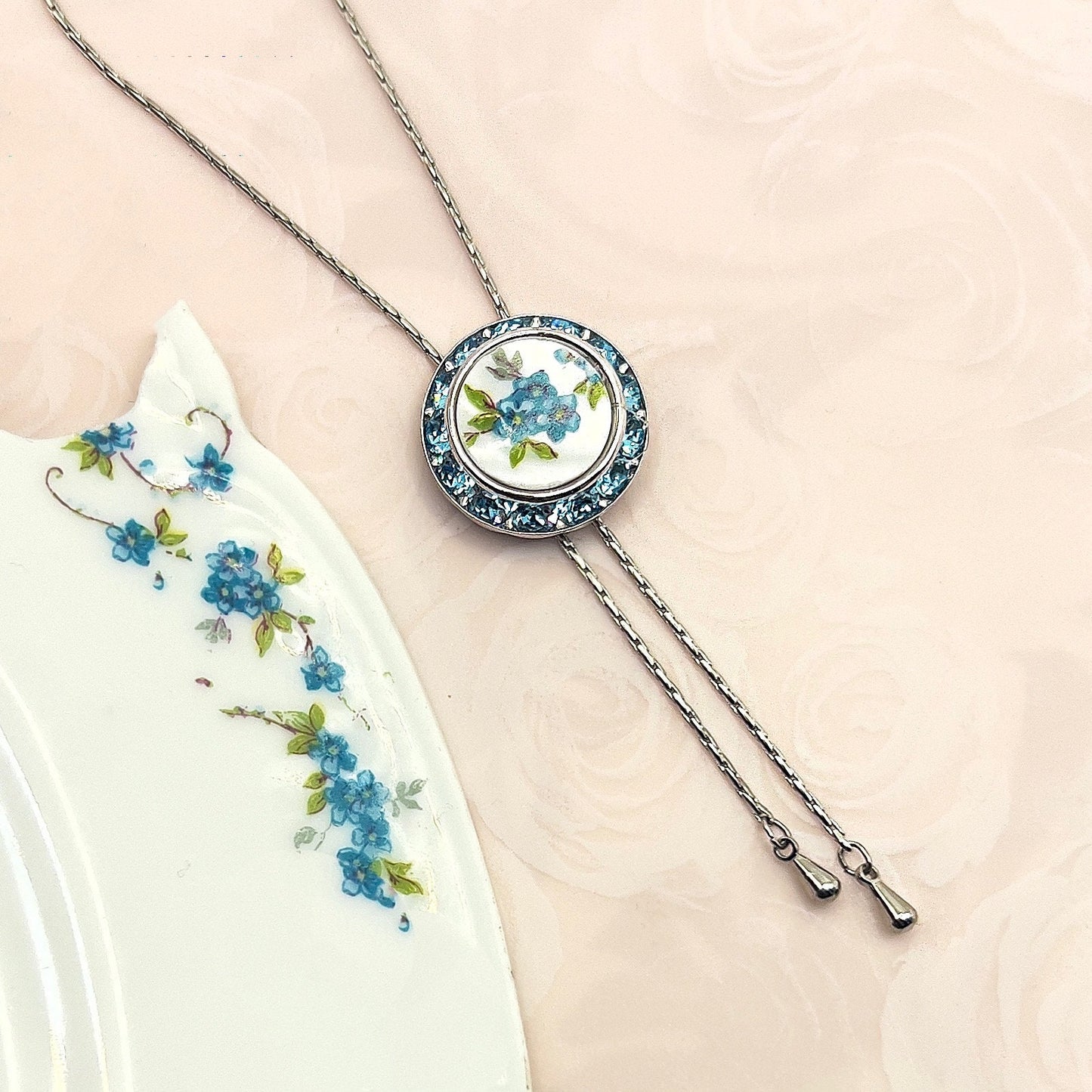 Adjustable Forget Me Not Necklace, Broken China Jewelry Lariat, Long Aqua Blue Crystal Necklace