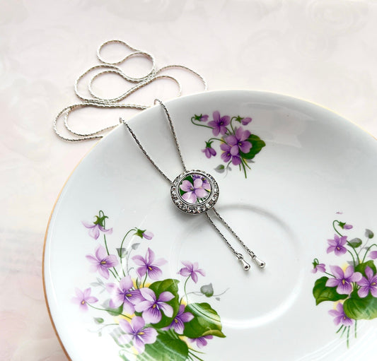 Adjustable Violet Flower Necklace, Broken China Jewelry, Crystal Bolo Tie Necklace, Vintage China