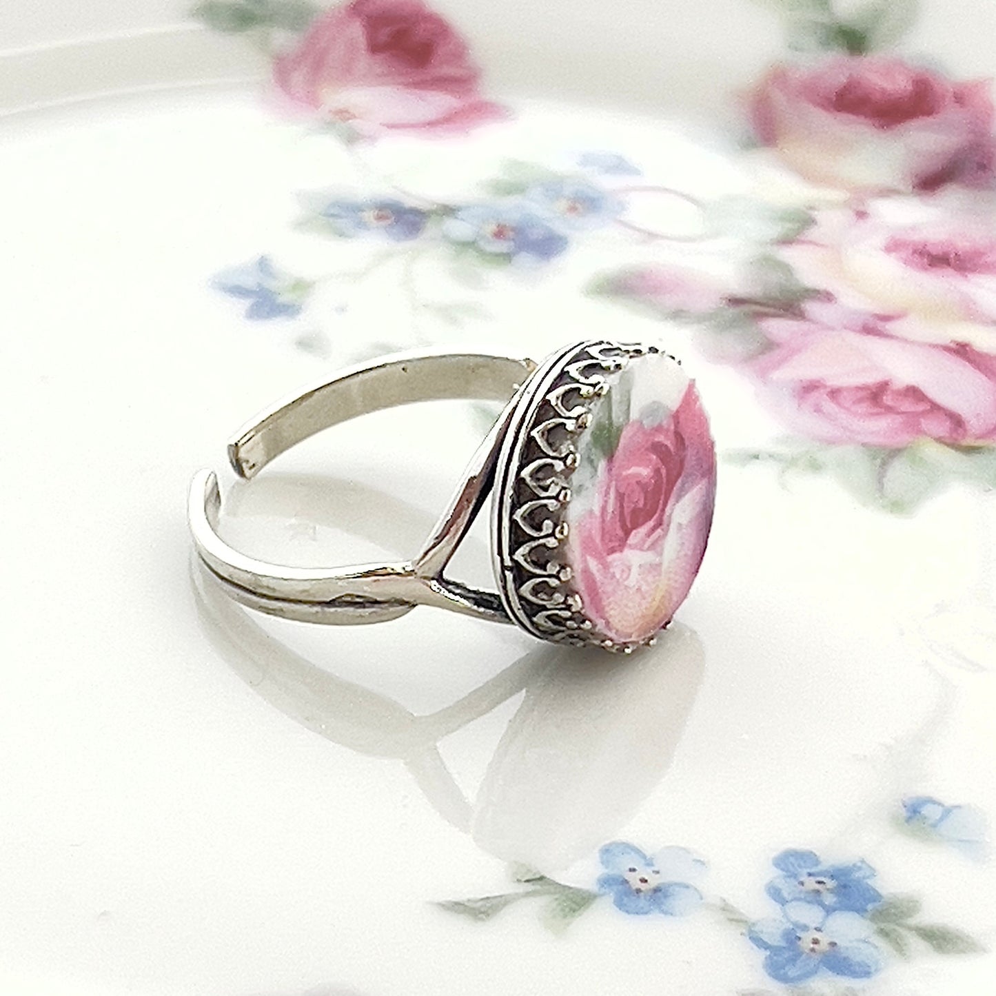 Cottage Core Jewelry, Vintage China Broken China Jewelry Ring, Victorian Pink Rose