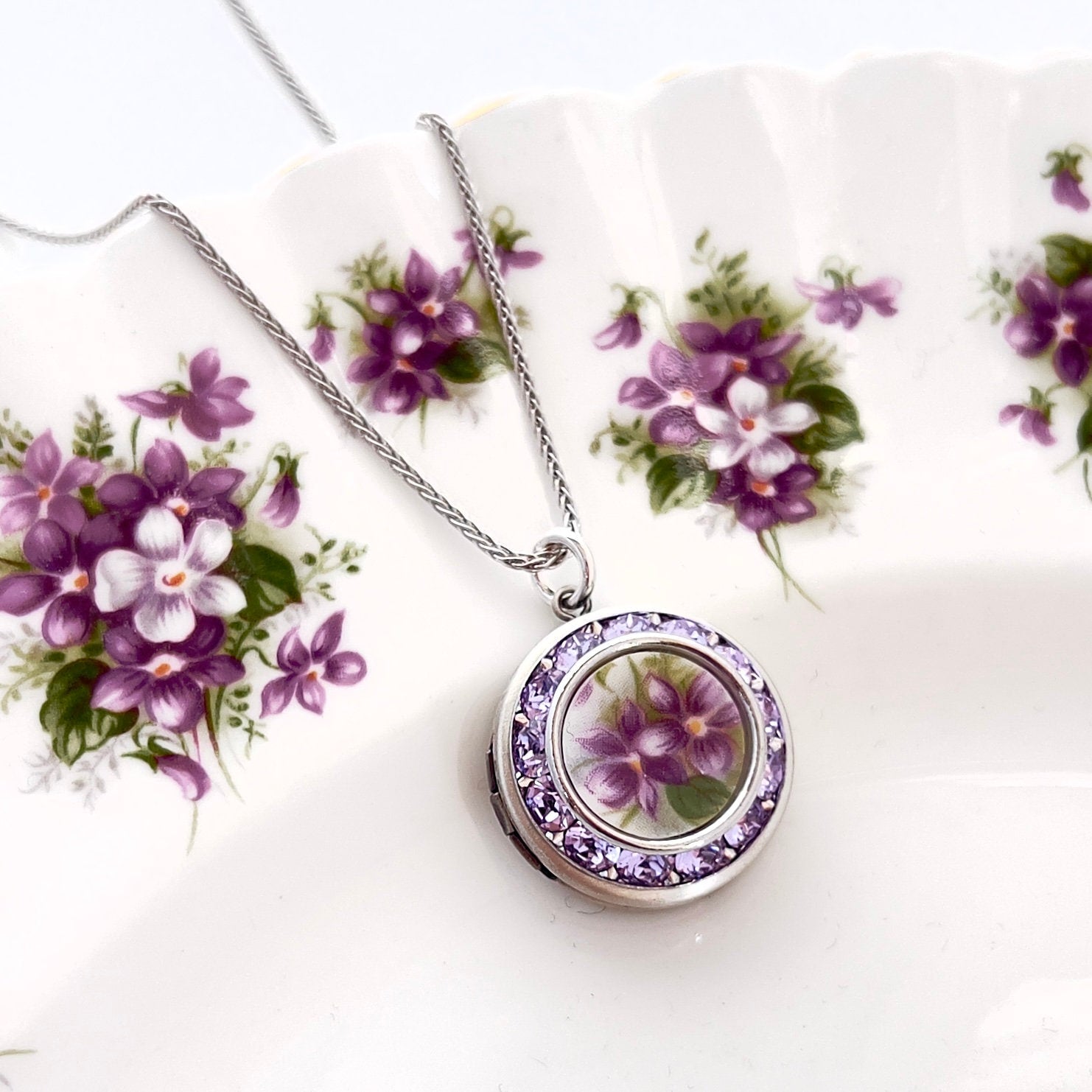 Purple Violet Flower, Photo Locket Necklace Girlfriend Gift, Anniversary Gifts for Her, Broken China Jewelry
