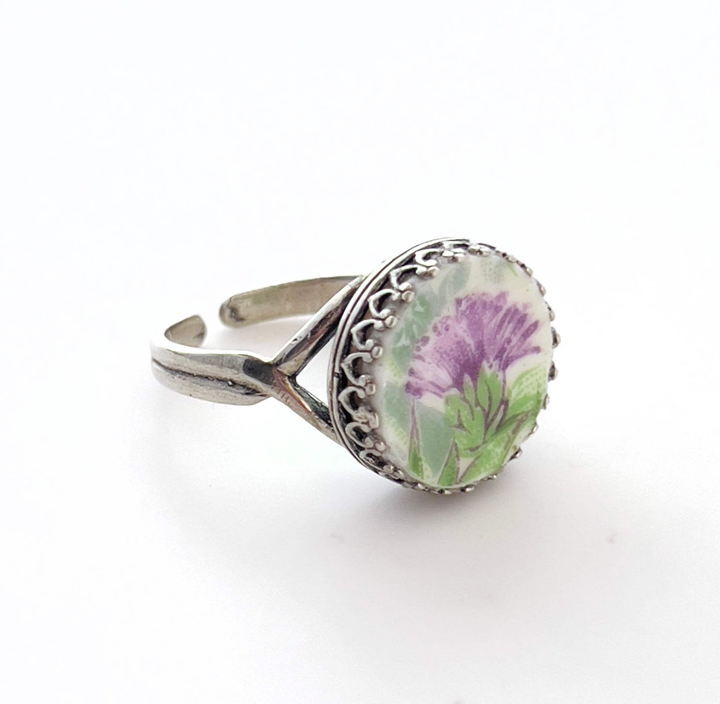 Scottish Thistle Broken China Jewelry Ring, Vintage Chintz China, Sterling Silver Adjustable Ring