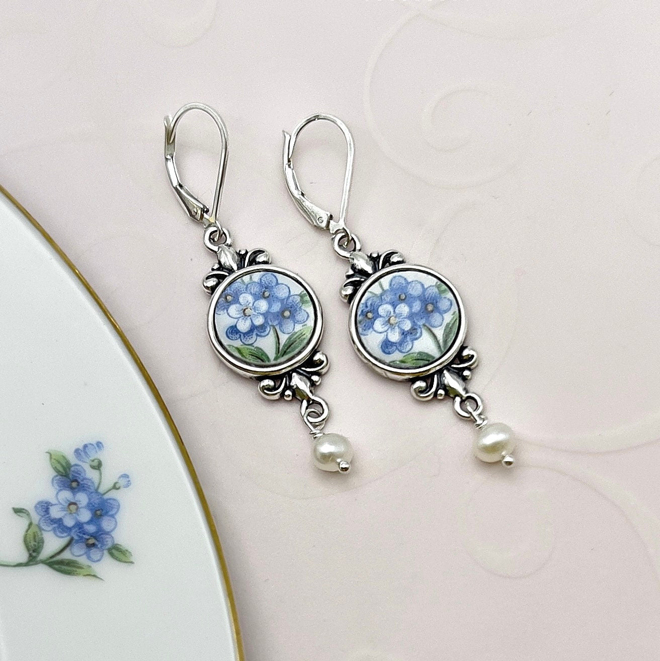Forget Me Not Flower Locket Necklace Set, Broken China Jewelry, Unique Anniversary Gifts for Her