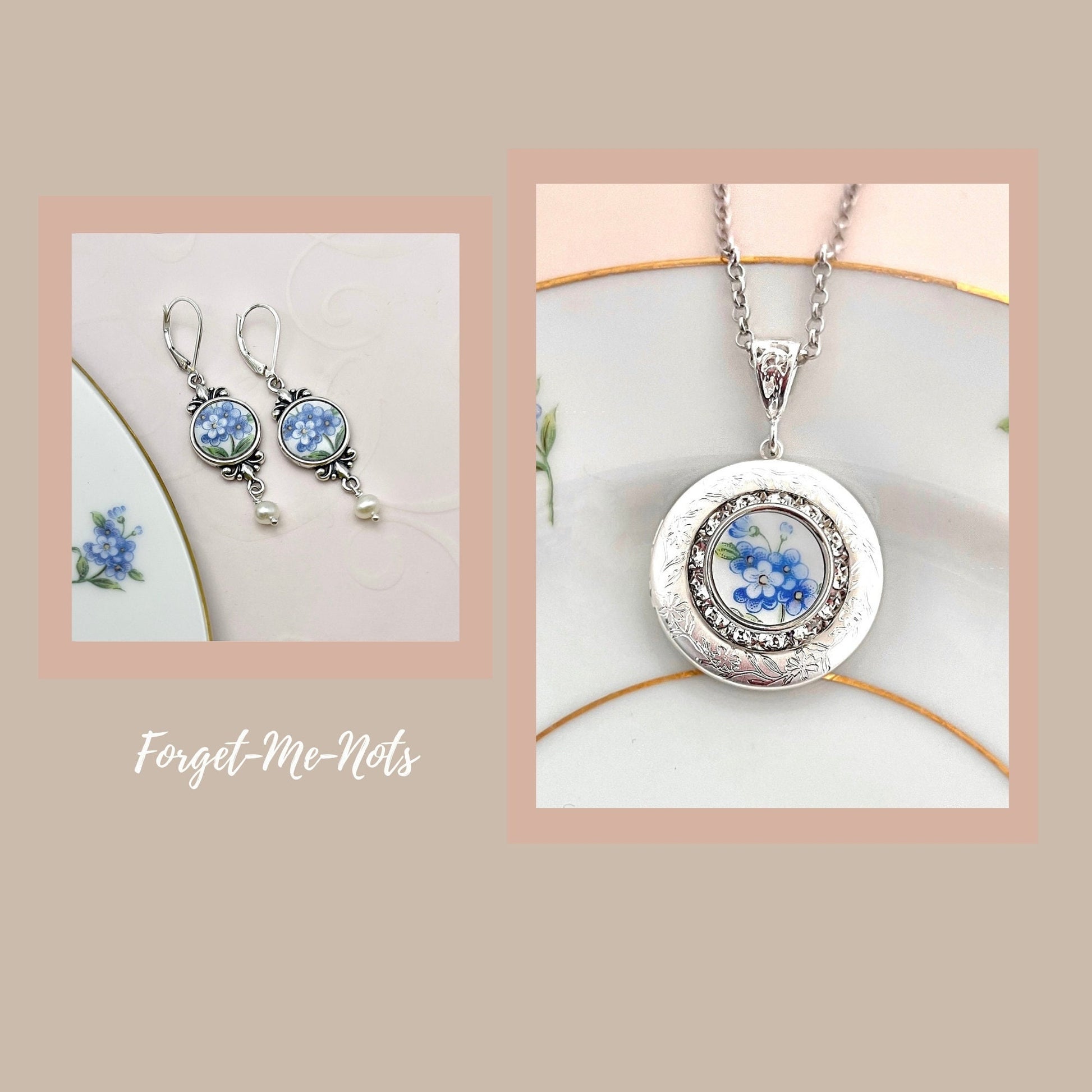 Forget Me Not Flower Locket Necklace Set, Broken China Jewelry, Unique Anniversary Gifts for Her
