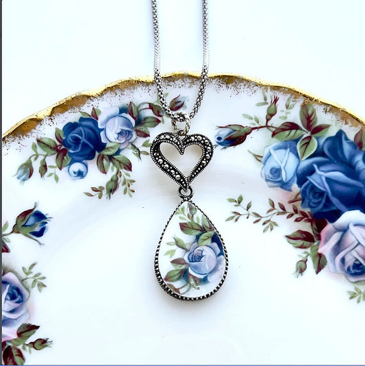 Royal Albert Moonlight Rose, Broken China Jewelry, 20th Anniversary Gift for Wife, Marcasite Jewelry Set