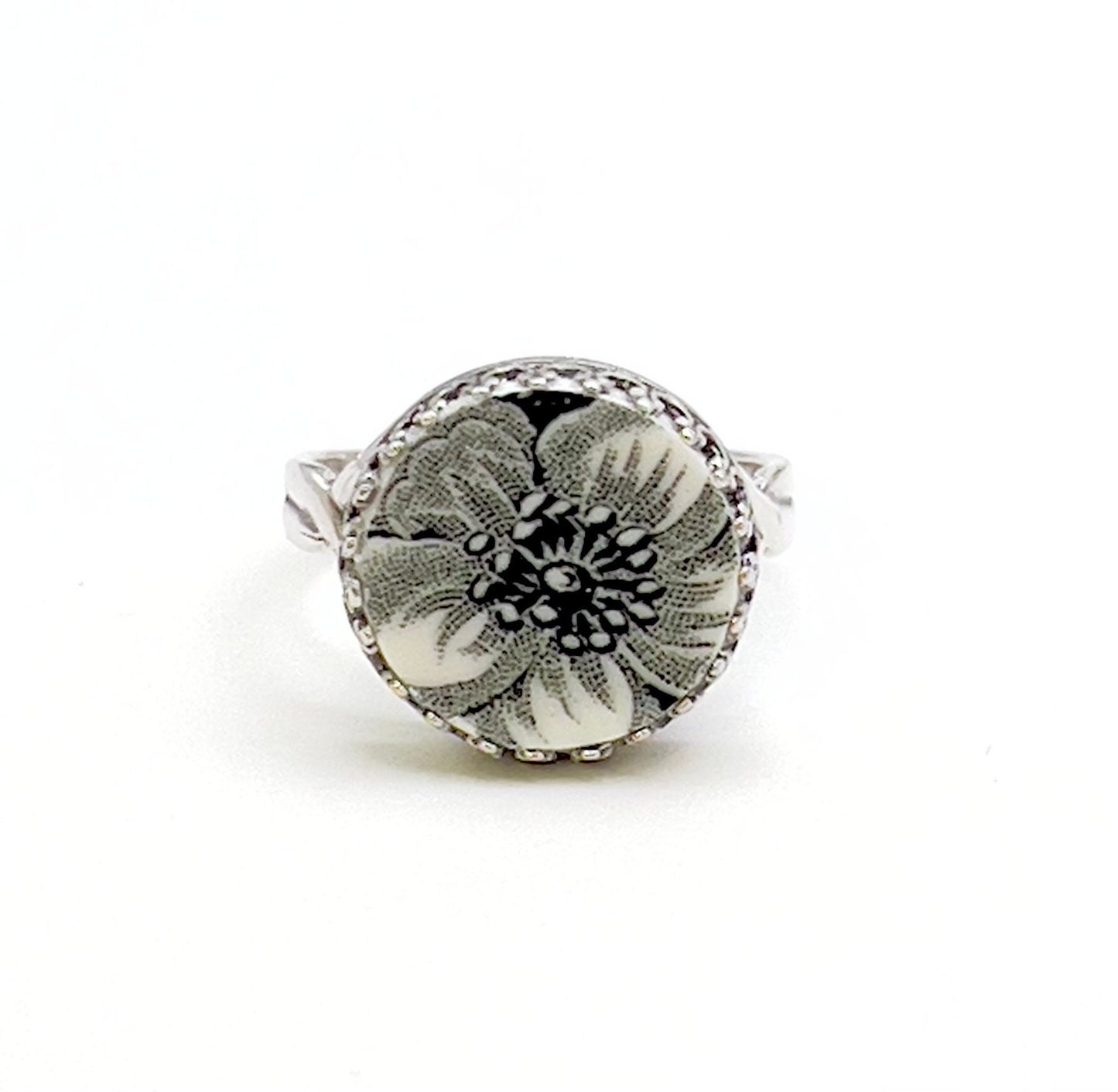 Black Flower Ring, Transferware Broken China Jewelry, Sterling Silver Adjustable Ring for Women, Vintage China Jewelry Gift