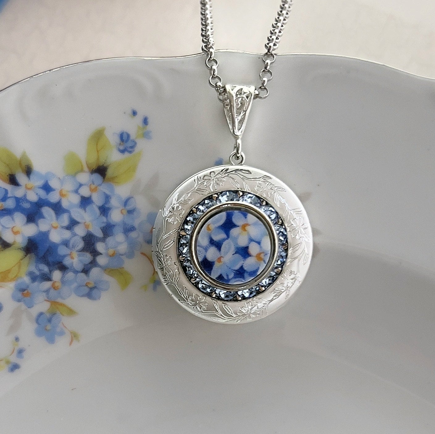 Forget Me Not Flower Locket Necklace, Broken China Jewelry, Unique Anniversary Gifts for Women, Vintage Photo Locket, China Necklace
