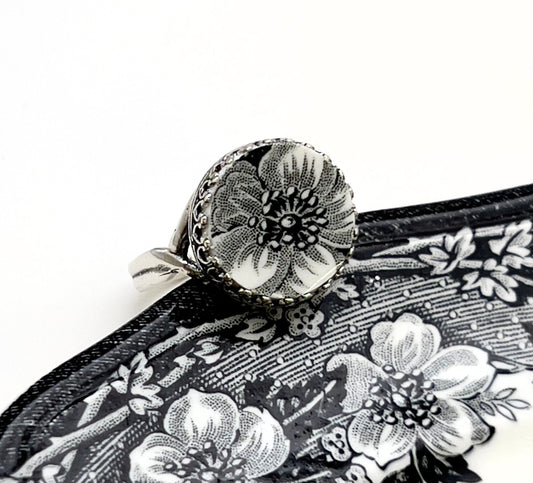 Black Flower Ring, Transferware Broken China Jewelry, Sterling Silver Adjustable Ring for Women, Vintage China Jewelry Gift