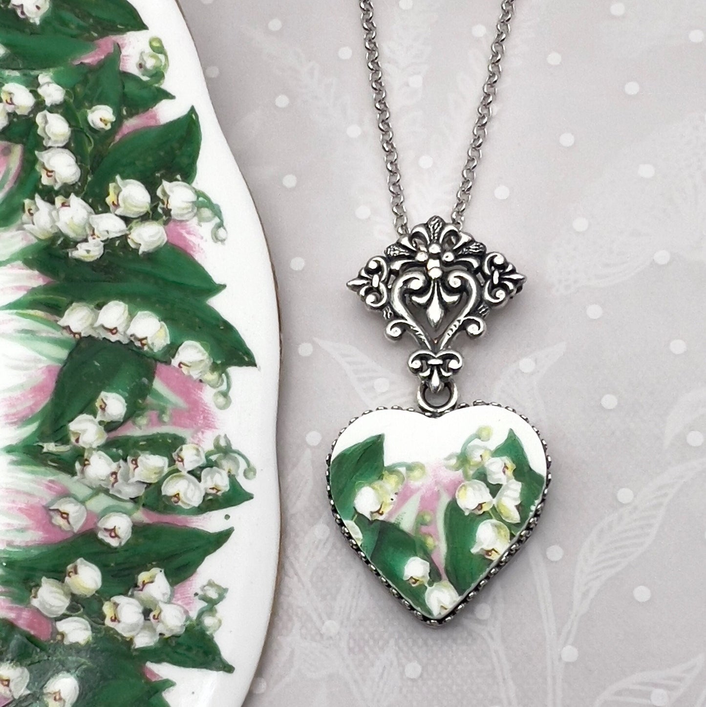 Romantic Victorian Heart Pendant Necklace or Brooch, Lily of the Valley Broken China Jewelry
