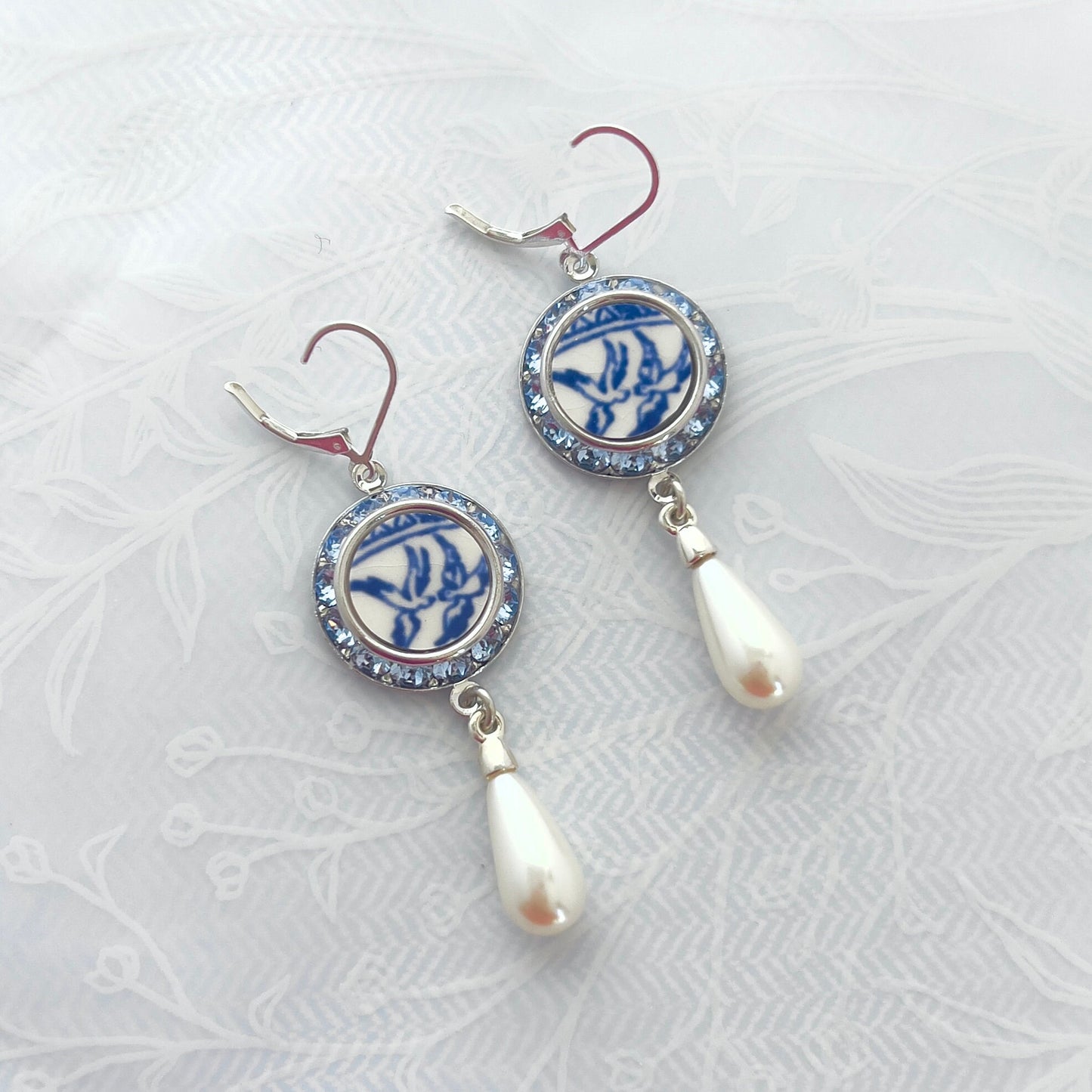 Love Birds China Earrings, 20th Wedding Anniversary Gifts, Gift for Wife, Crystal and Pearl Broken China Jewelry