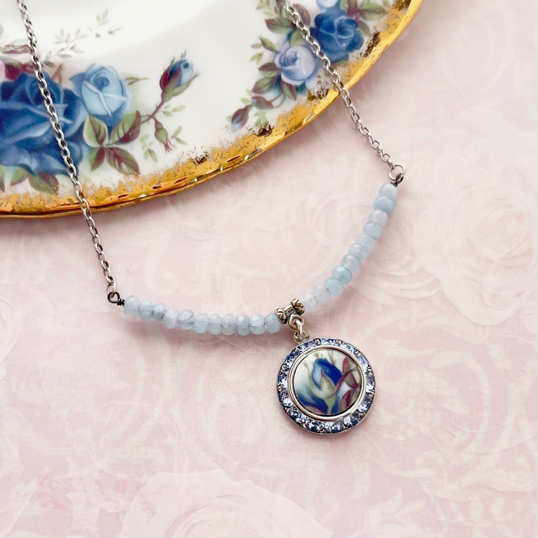 Moonlight Rose Aquamarine Necklace, Broken China Jewelry, Royal Albert China, Blue Rose Gemstone Bar Necklace, Graduation Gifts