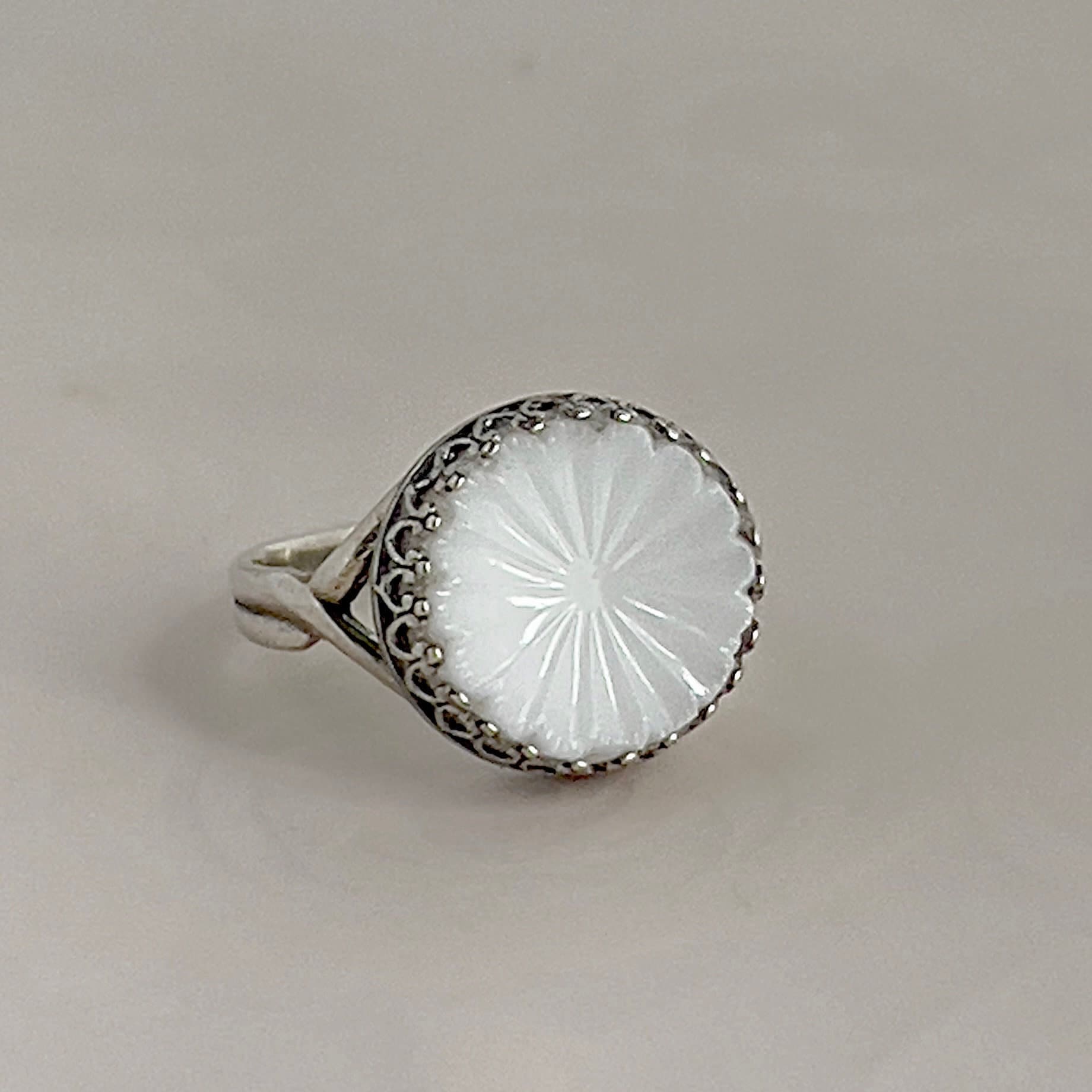 Vintage White Milk Glass Button Ring, Button Jewelry, Unique Gifts for Women, Sterling Silver Adjustable Ring
