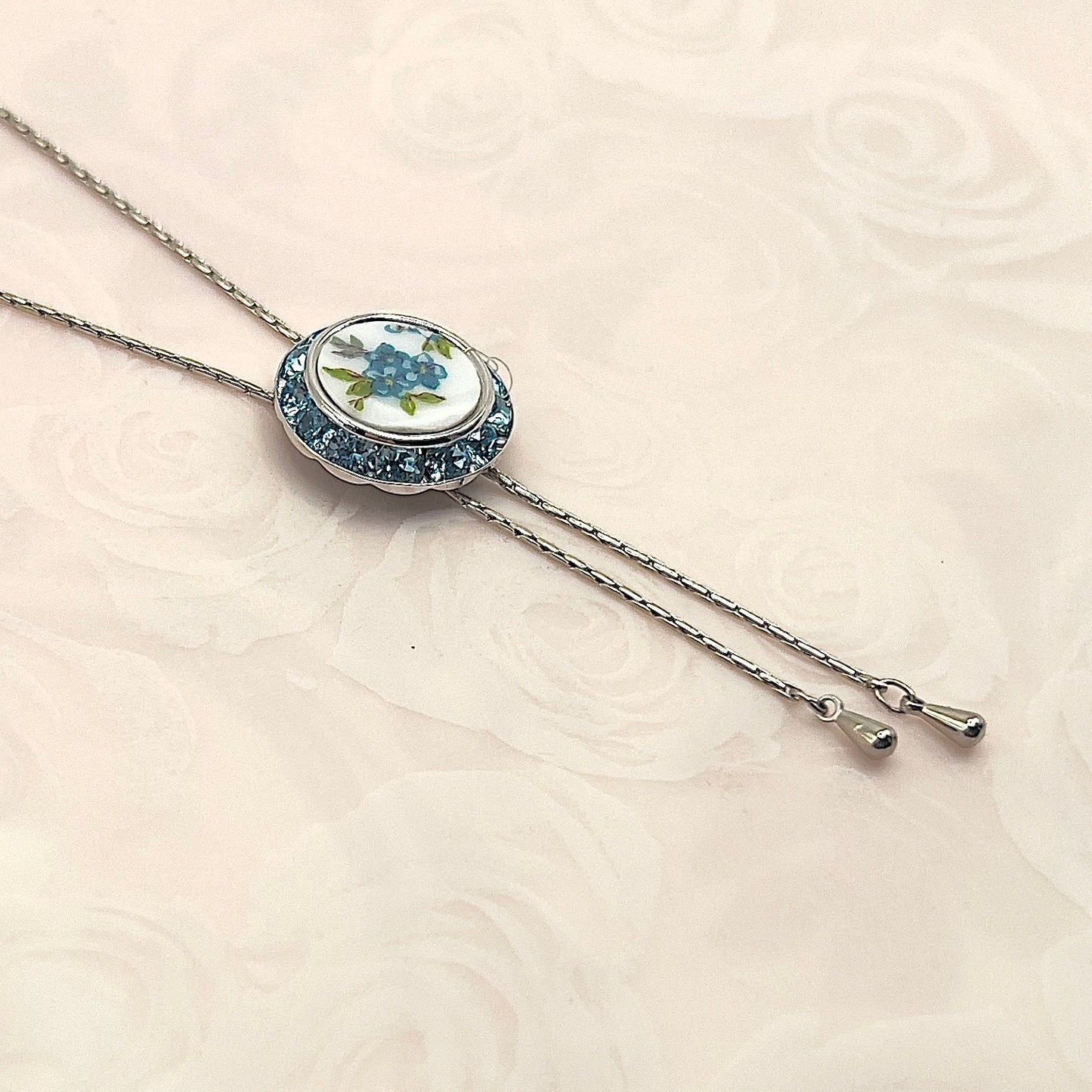 Adjustable Forget Me Not Necklace, Broken China Jewelry Lariat, Long Aqua Blue Crystal Necklace