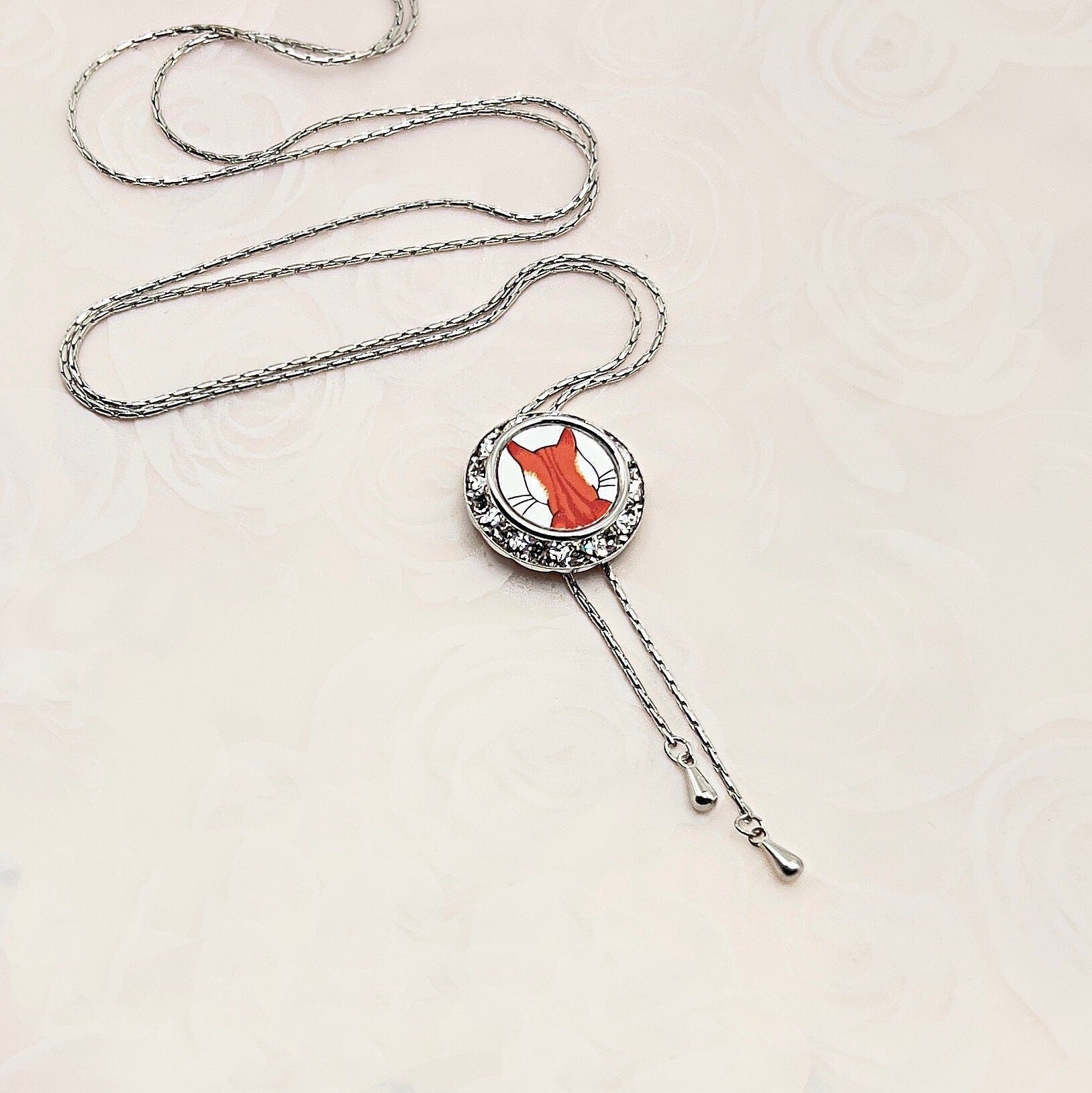 Cat Jewelry, Orange Cat Necklace, Adjustable Crystal Lariat Necklace