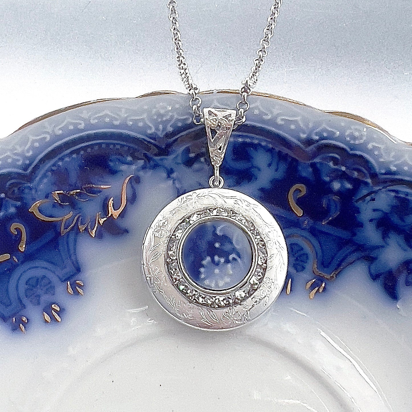 Flow Blue Locket Necklace, Antique Broken China Jewelry, Unique Anniversary Gifts for Her, Blue and White