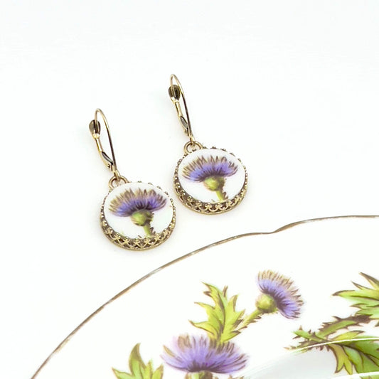 14k Gold Thistle Earrings, Scottish Broken China Jewelry, 20th Anniversary Gift for Wife, Purple Flower Earrings, Scotland Jewelry Gift